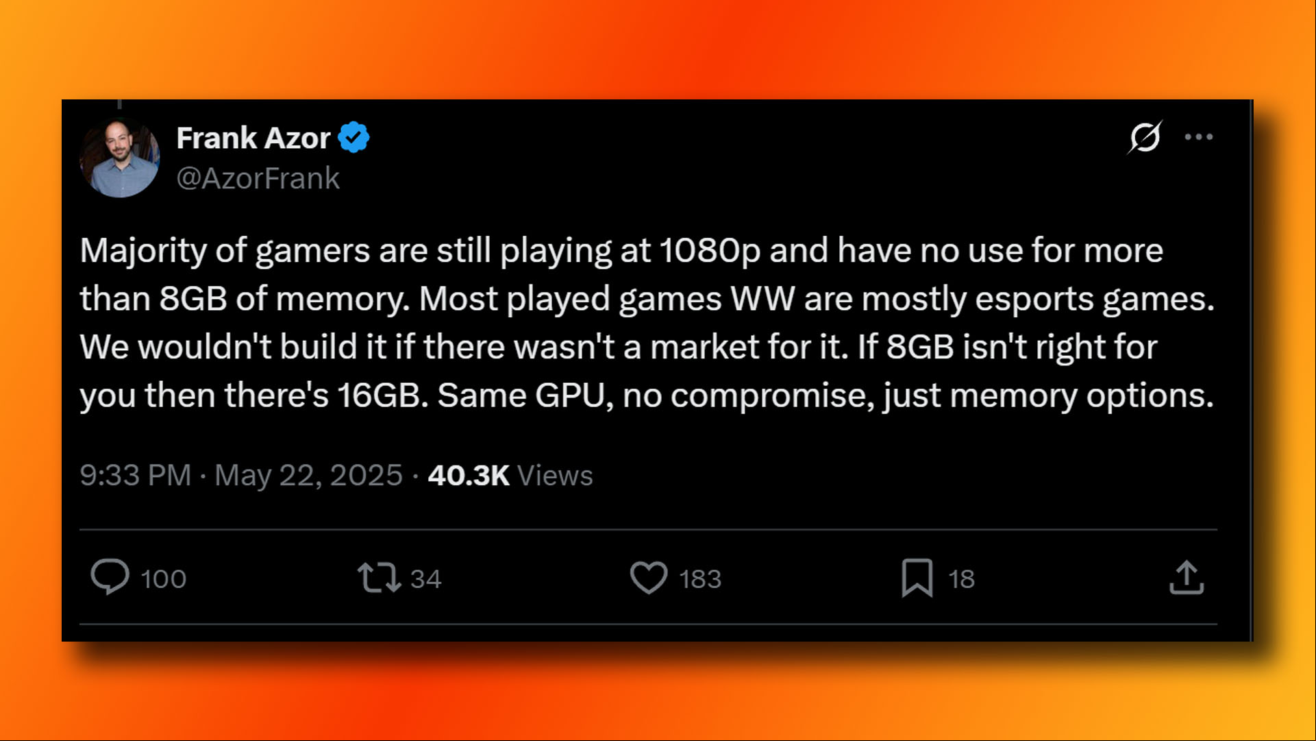 AMD's Frank Azor says that the majority of gamers have no use for more than 8GB of VRAM, in this post on X (formerly Twitter).