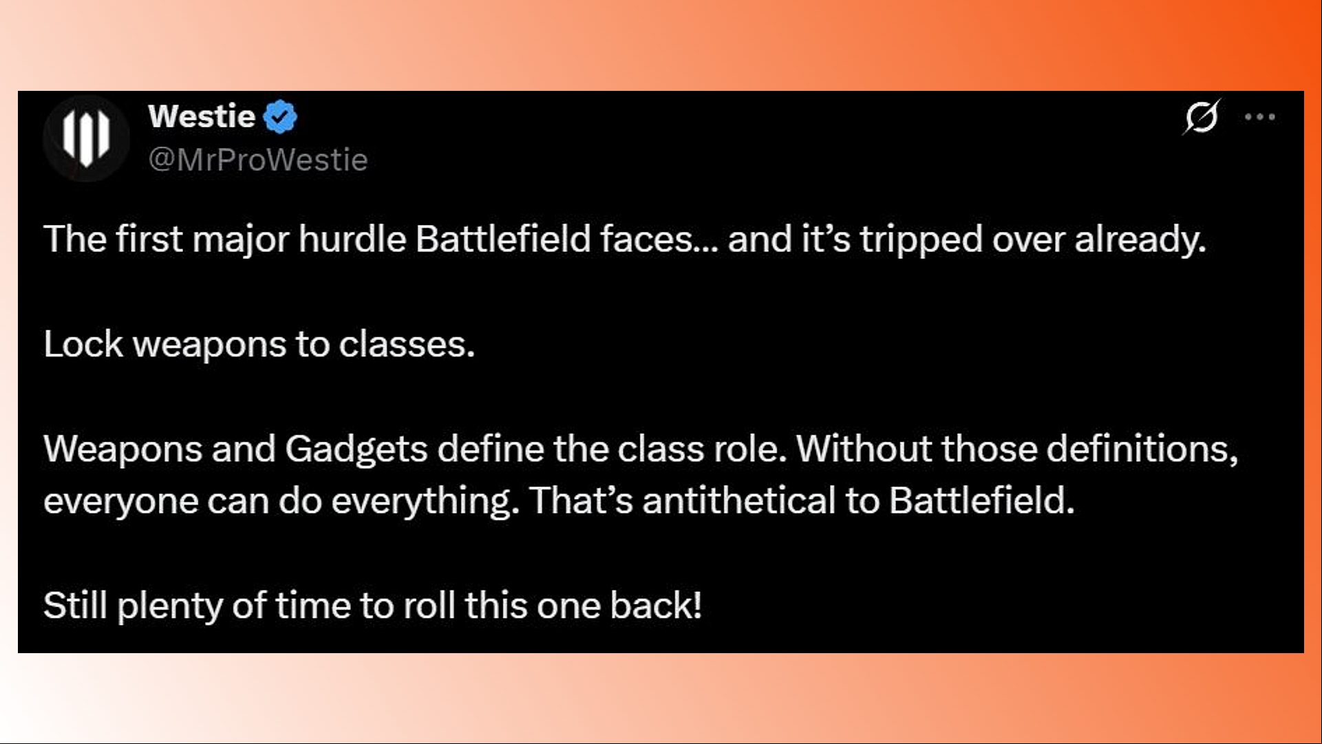 Battlefield 6: A screenshot of an X post set against an orange background