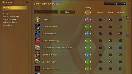 An options menu in LiteMount, one of the best WoW addons.