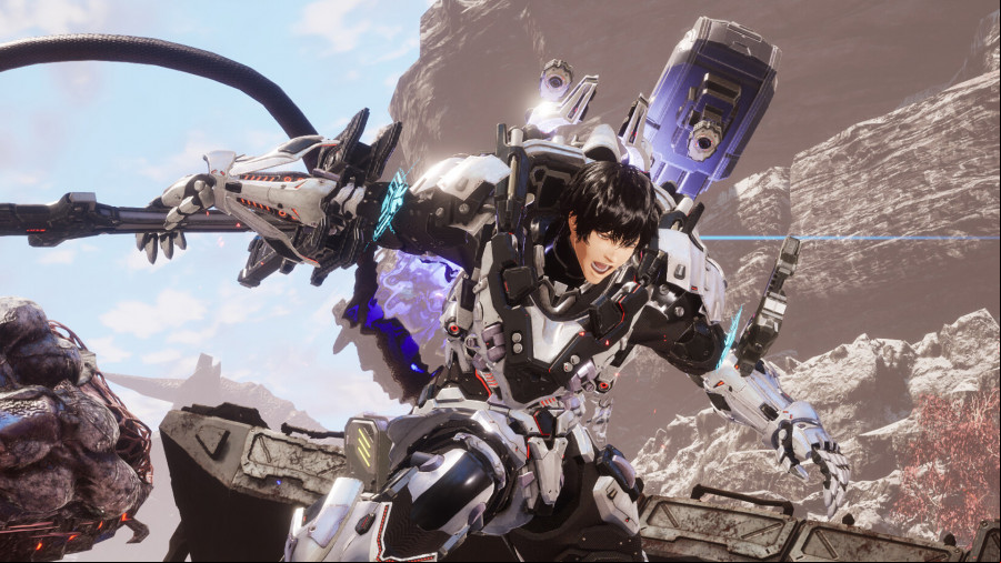 Daemon X Machina: Titanic Scion, a man in a mech suit slashing at an enemy.