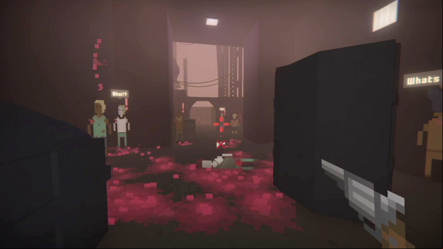 It Has My Face: Blocky pixel characters look shocked as a series of bloodstains cover the floor around a dead body