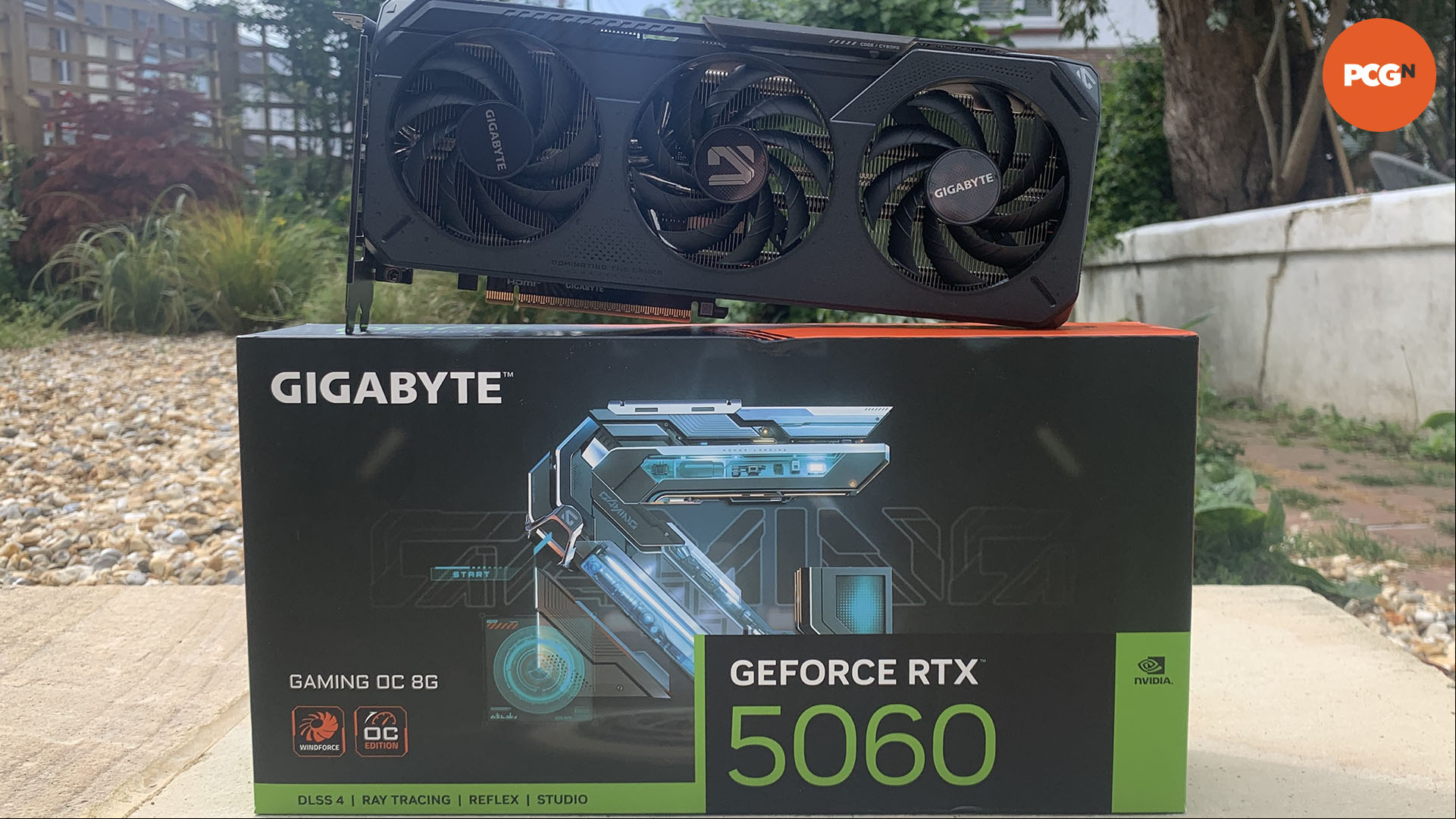 Nvidia GeForce RTX 5060 review: Gigabyte Gaming OC graphics card on box.