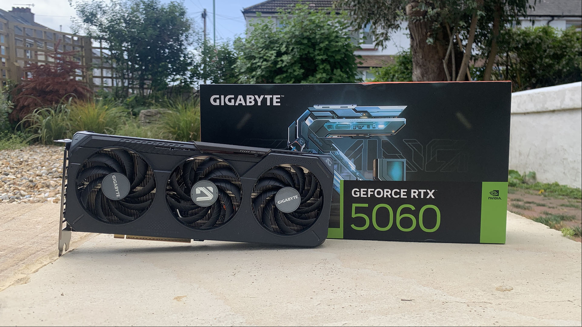 Nvidia GeForce RTX 5060 review: Gigabyte Gaming OC graphics card with box.