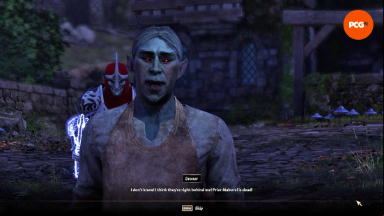 Oblivion review: Erenor the Dark Elf tells the Hero of Kvatch that he thinks the Mythic Dawn are right behind him... as a Mythic Dawn assassin stands right behind him.