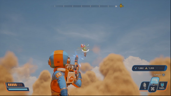 Revenge of the Savage Planet review: A player's character shooting their pistol at a Bonefly in Revenge of the Savage Planet.