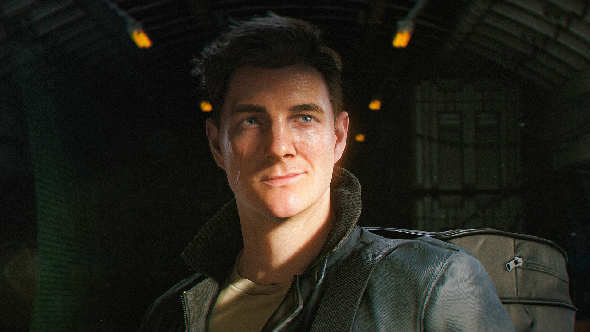 007 First Light: A man with dark brown hair and a scar down his face smirking