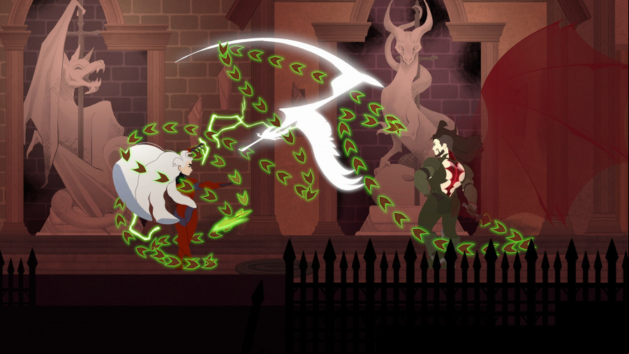 At Fate's End: A woman fighting a man in an area with statues