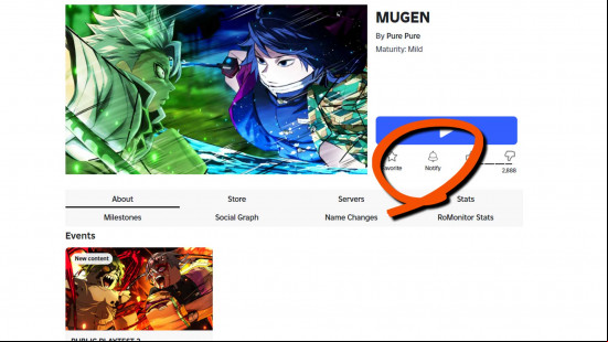 The notify button on the Mugen Roblox page.