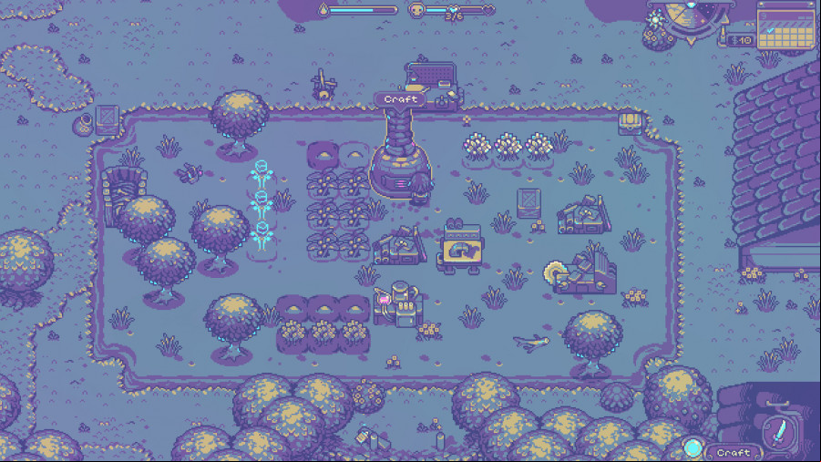 Neverway: A dreary, pixel town showing off a farm area with trees and plants