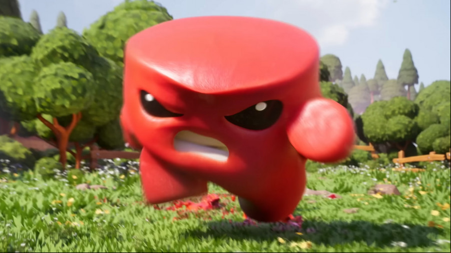 Super Meat Boy 3D - The protagonist sprints across a field.